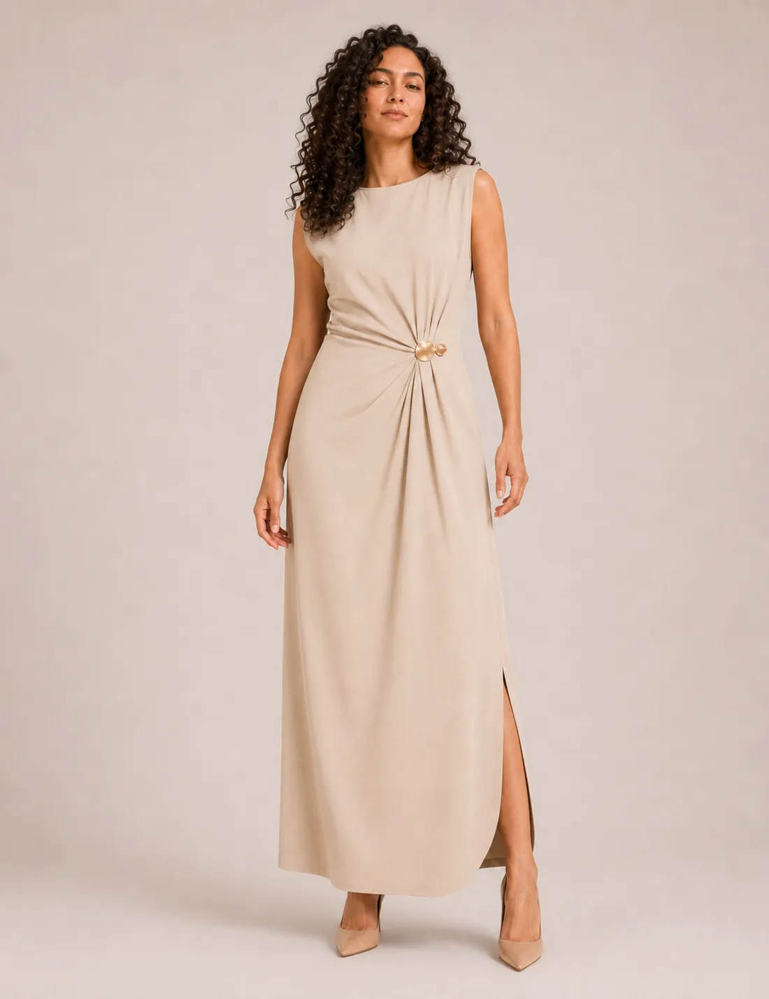 Vestido Maxi Broche Beige