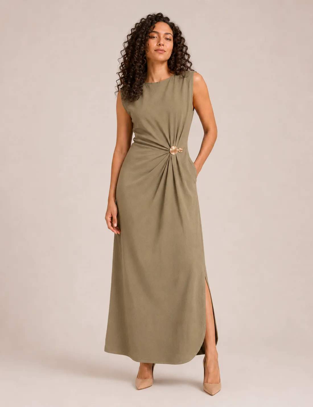 Vestido Maxi Broche Kaki