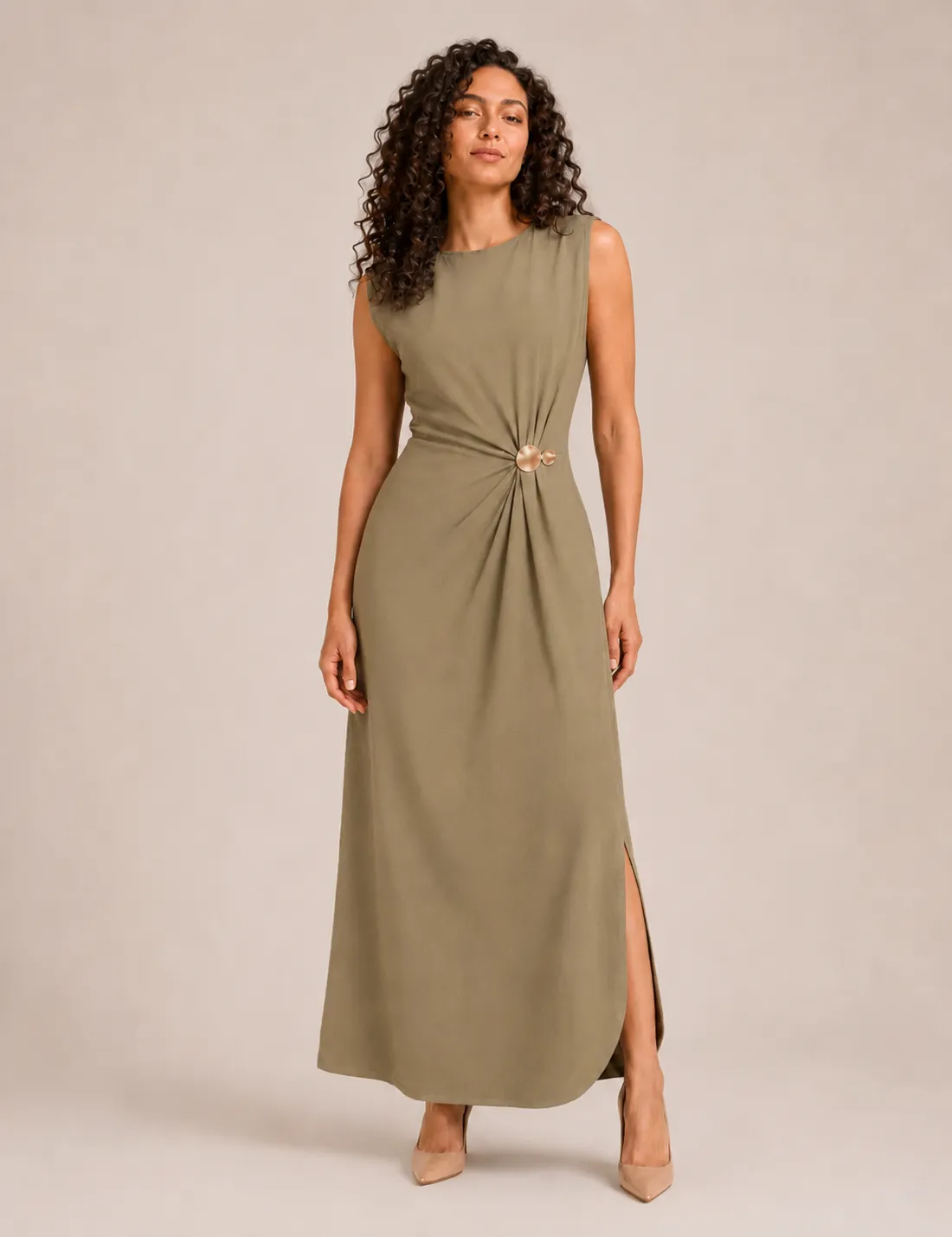 Vestido Maxi Broche Kaki