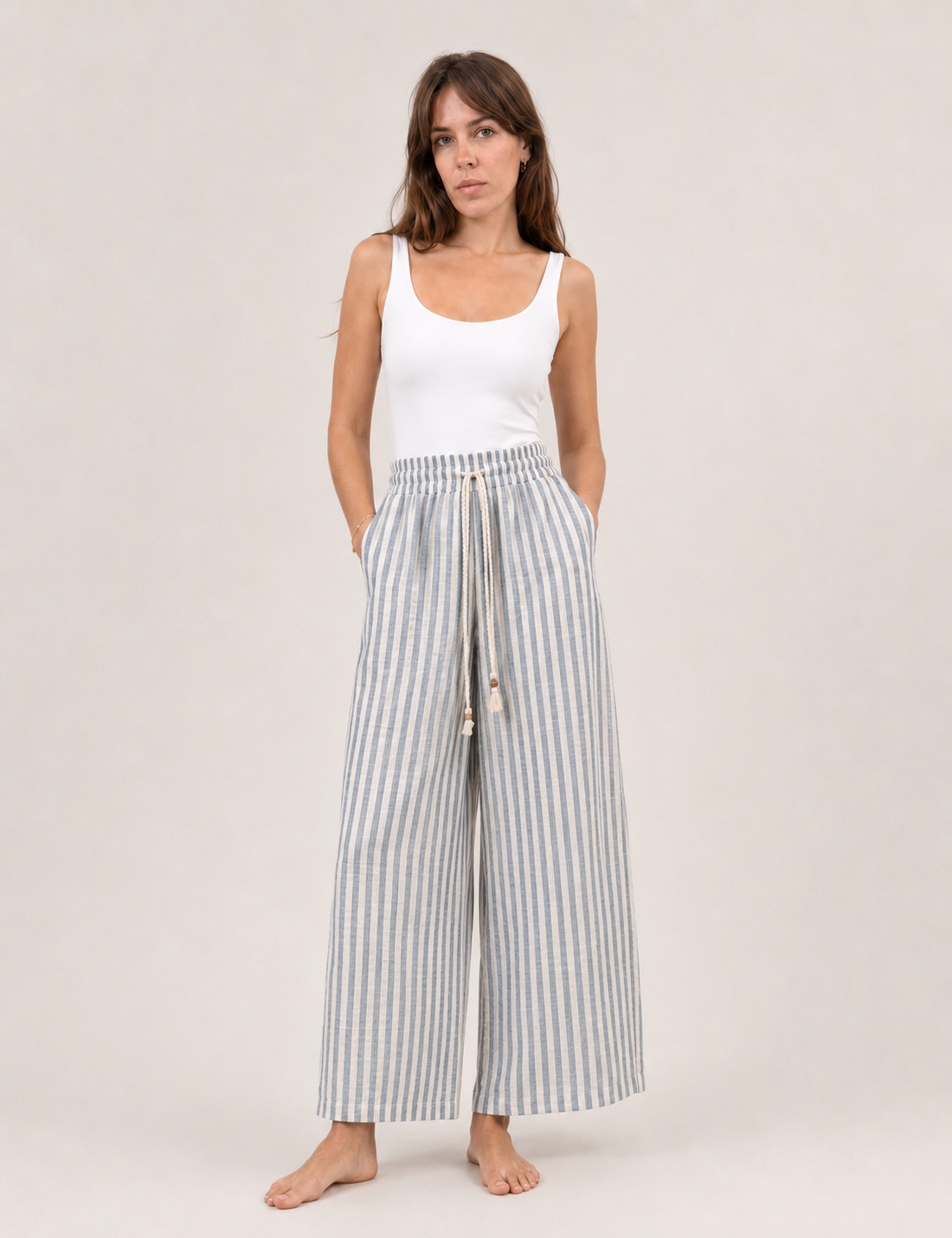 Pantalón Lino Azul-Crema