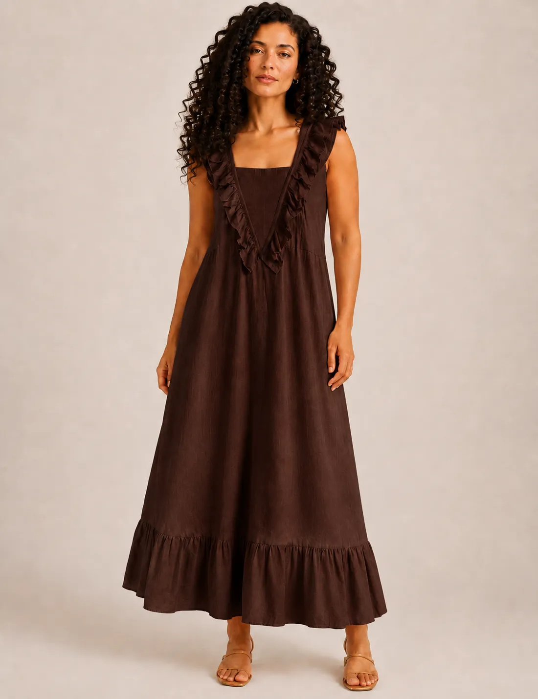 Vestido Volante Evasé Marrón