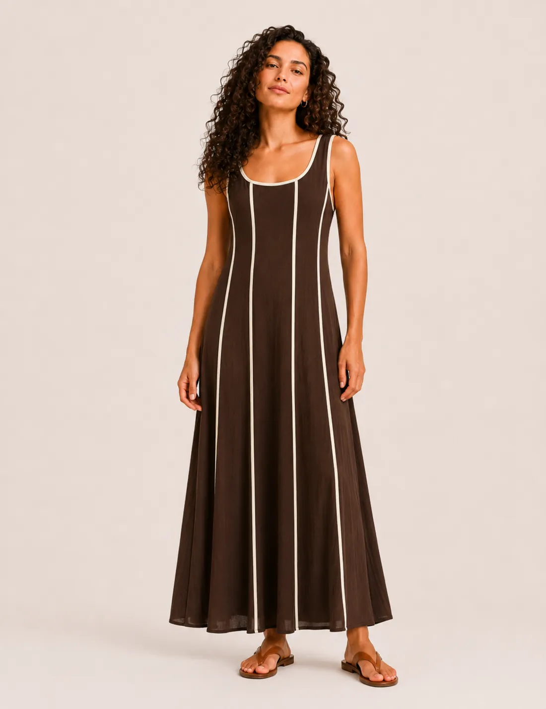 Vestido Evasé Ribetes Marrón