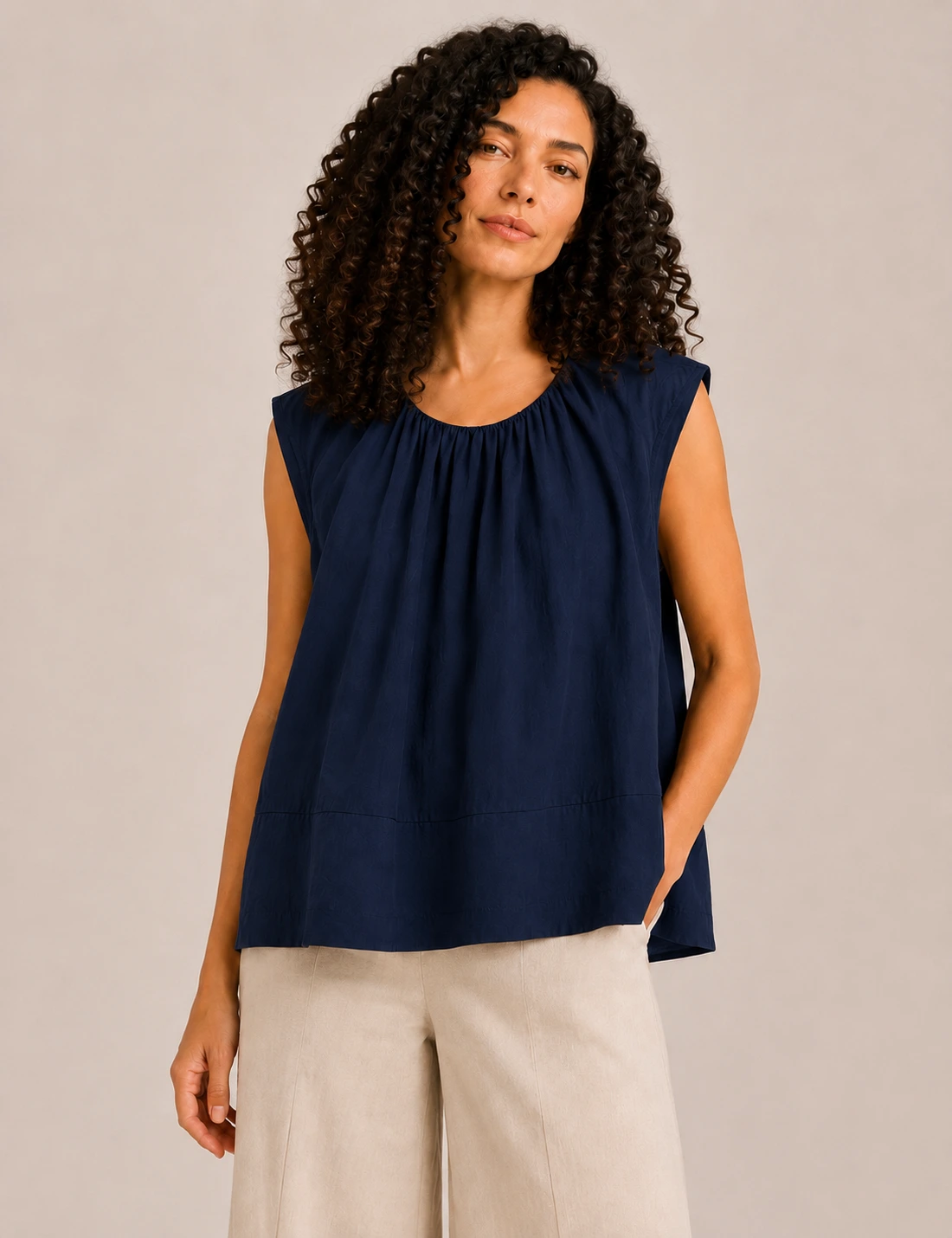 Blusa Pliegue Cuello Marino