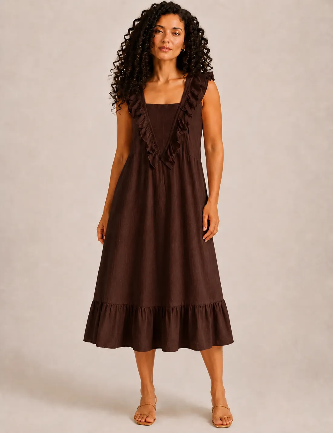 Vestido Volante Evasé Marrón