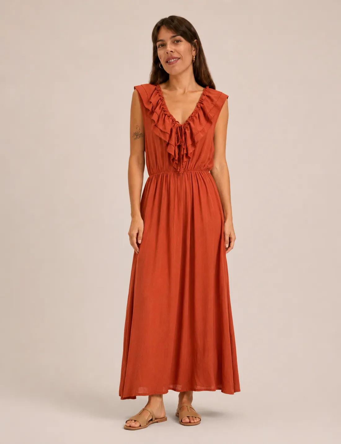 Vestido Maxi Volante Teja
