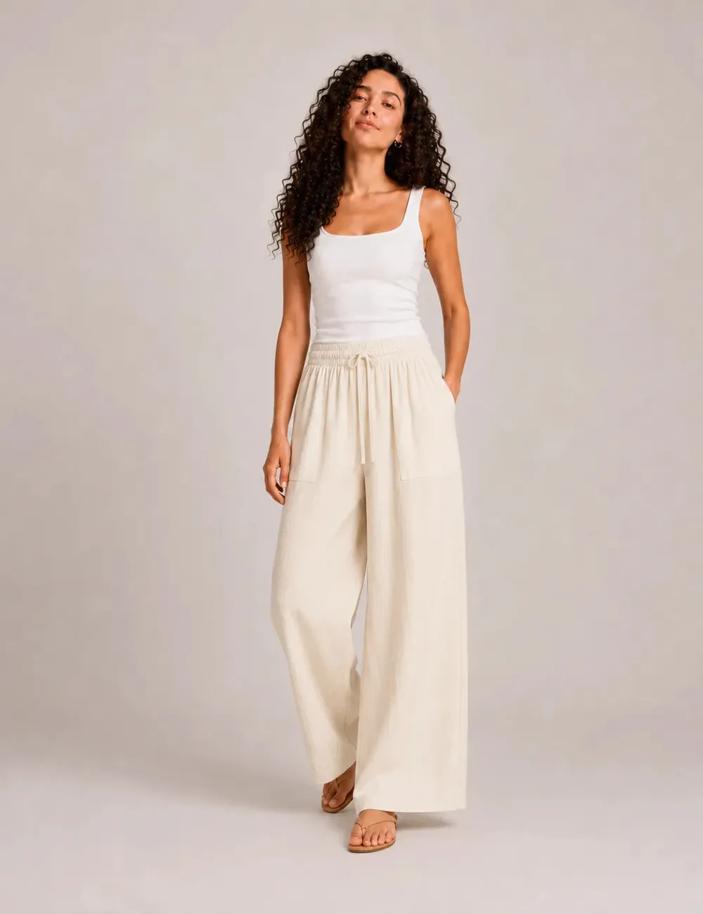 Pantalón Fluido Bolsillos Crema
