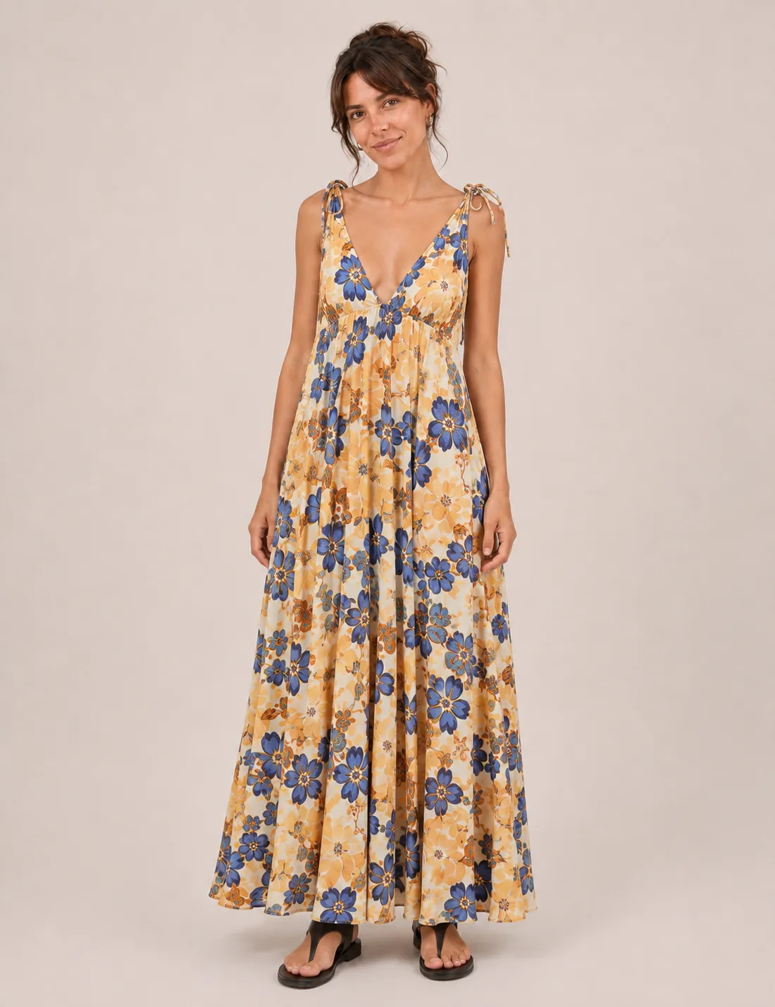 Vestido Tirantes Estampado Mostaza