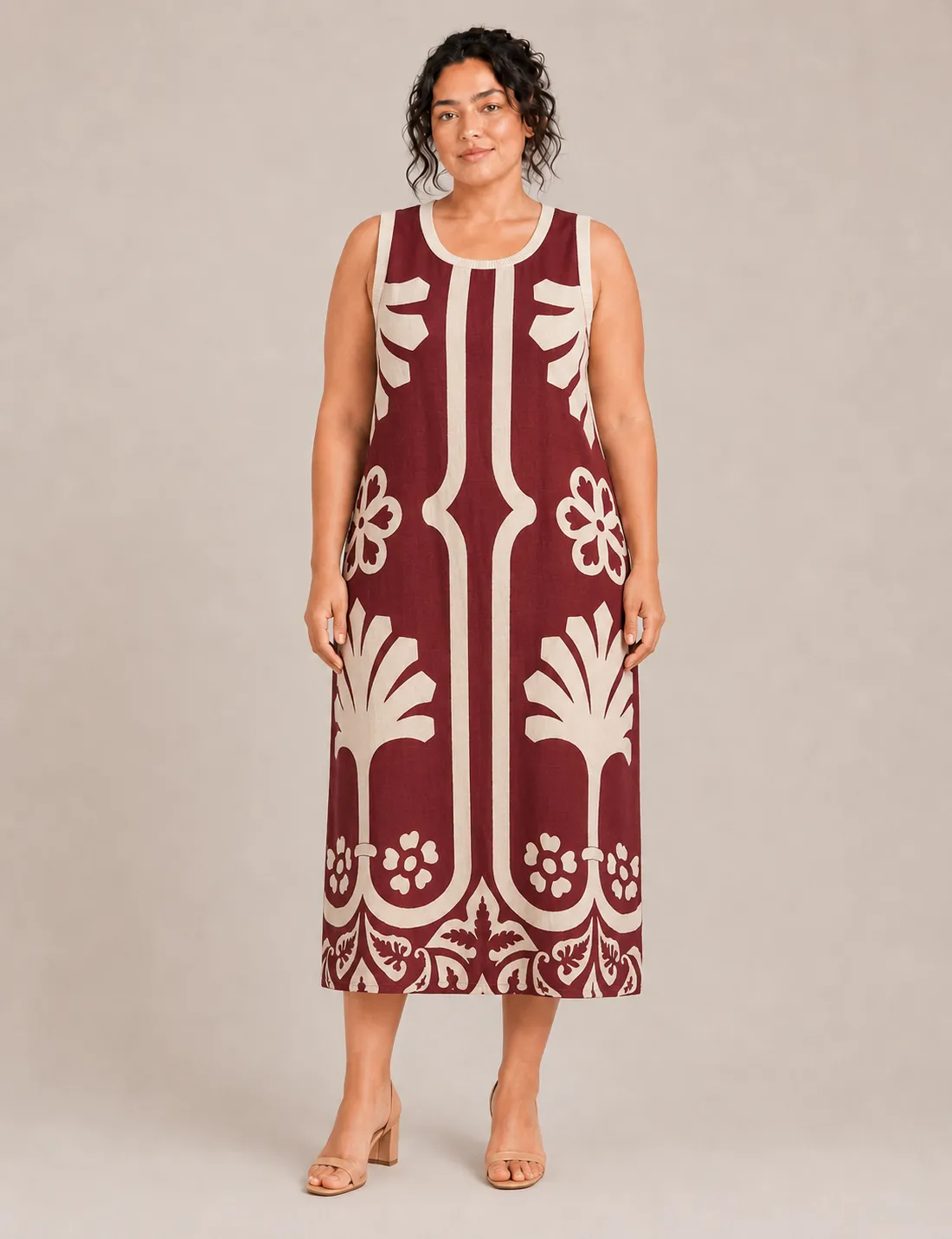 Vestido Midi Estampado Burdeos