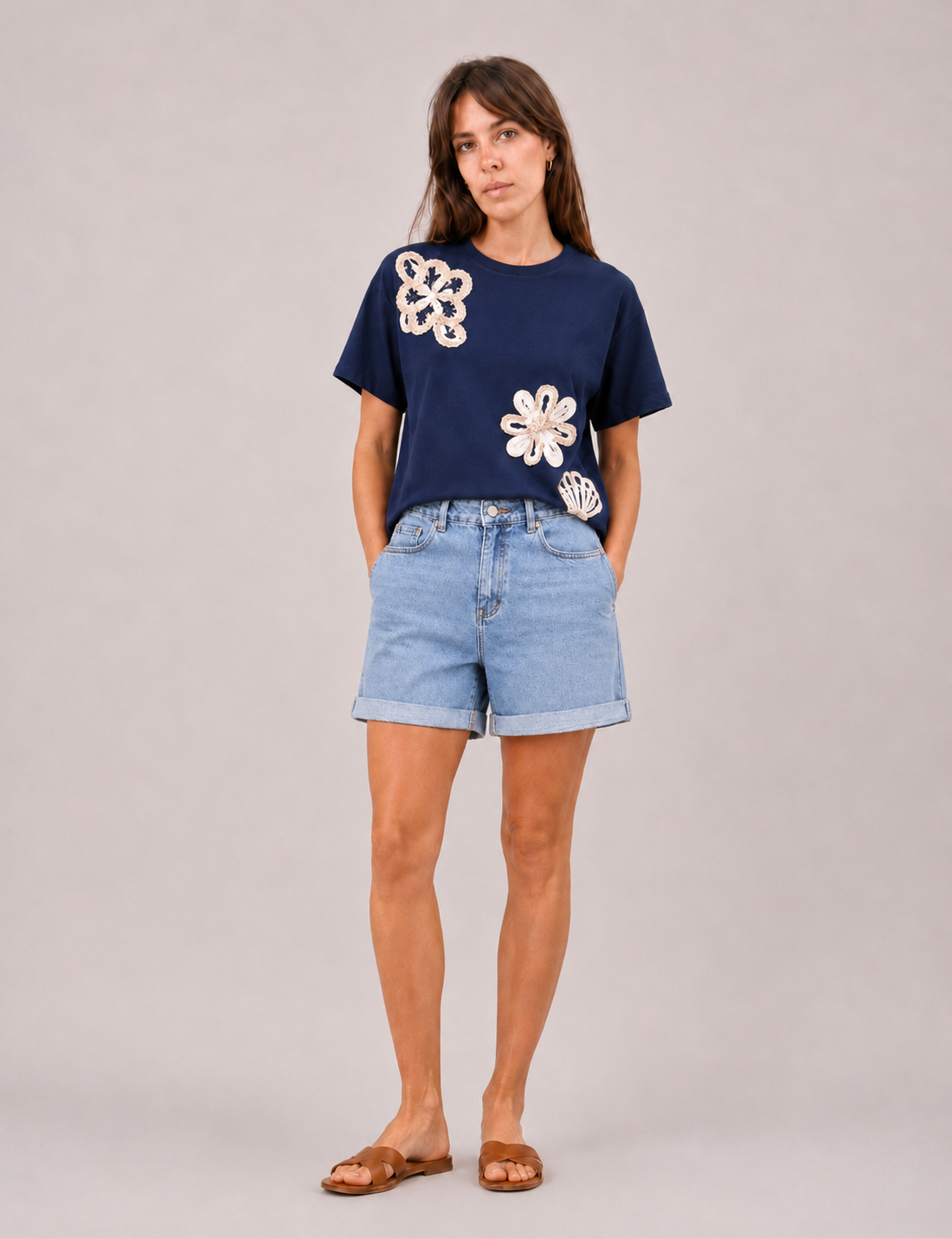Camiseta Flores Crochet Marino