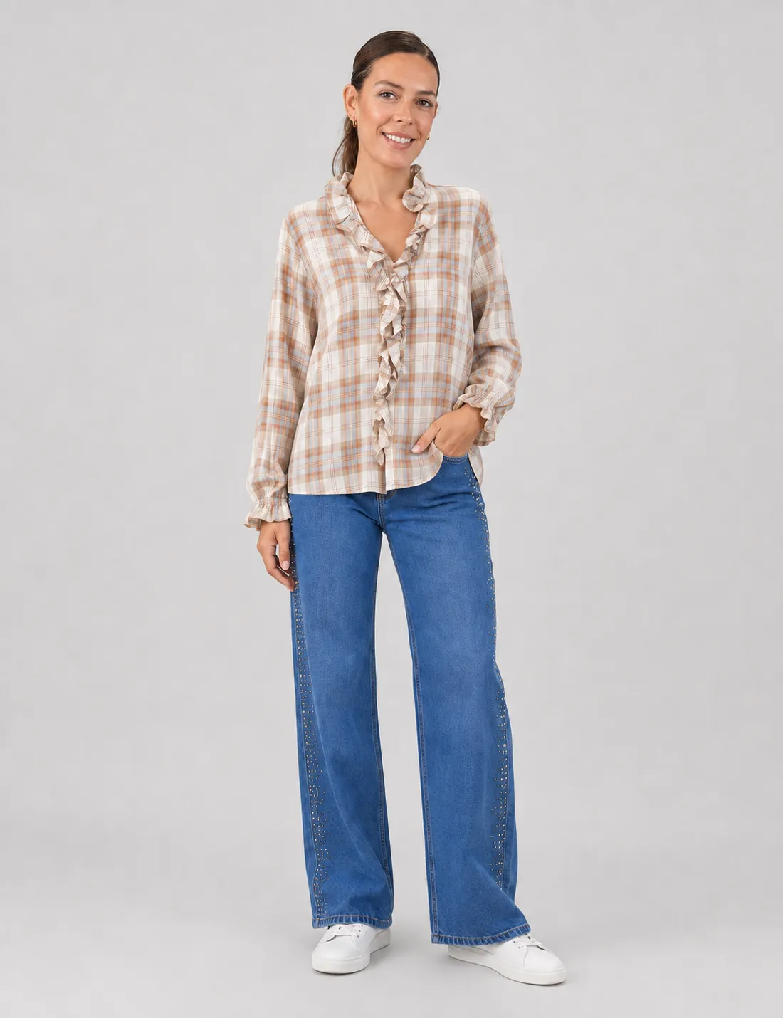 Camisa Cuadros Volantes Tostado