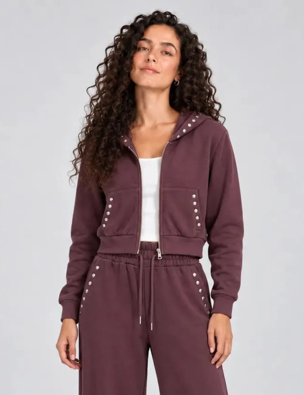 Sudadera Cremallera Tachuelas Berenjena