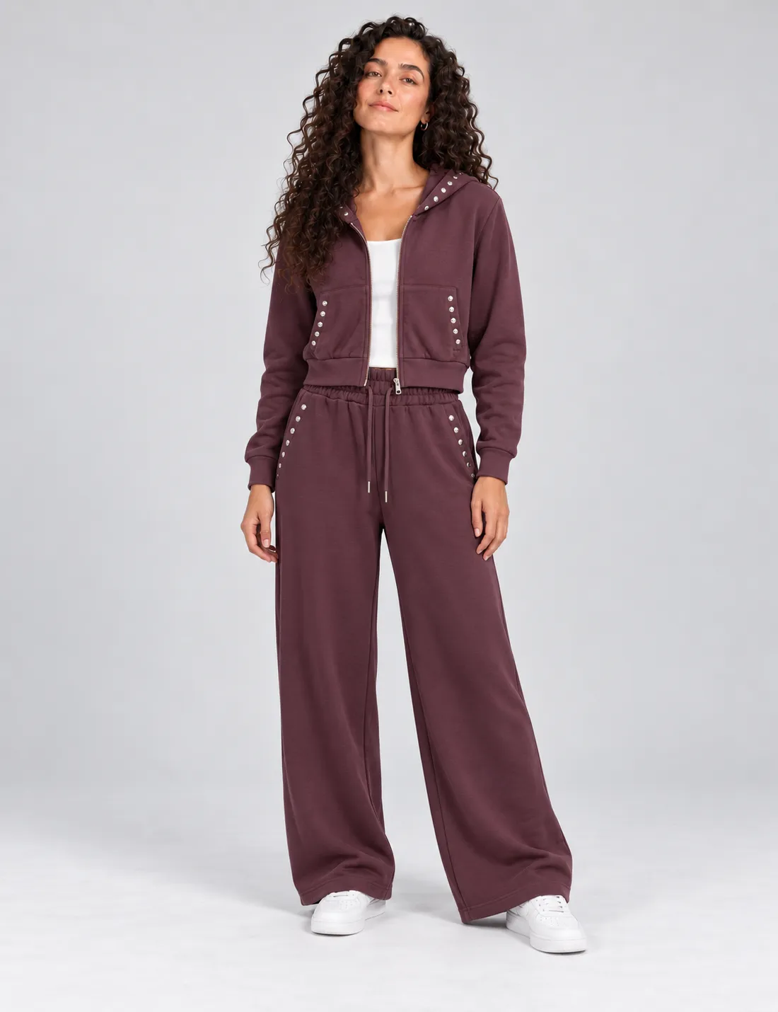 Pantalón Wideleg Tachuelas Berenjena